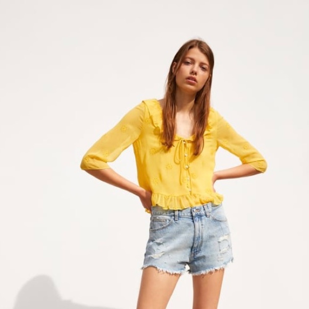 Zara Sheer Eyelet Yellow Top 3/4 Sleeves Size XS Crop